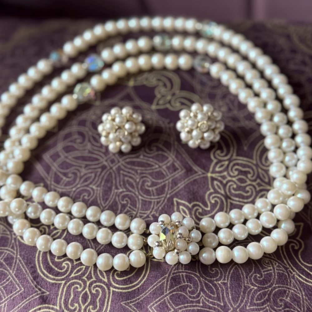 Vintage 1950s Faux Pearl Necklace & Clip-on Earring Set, Japan Signed